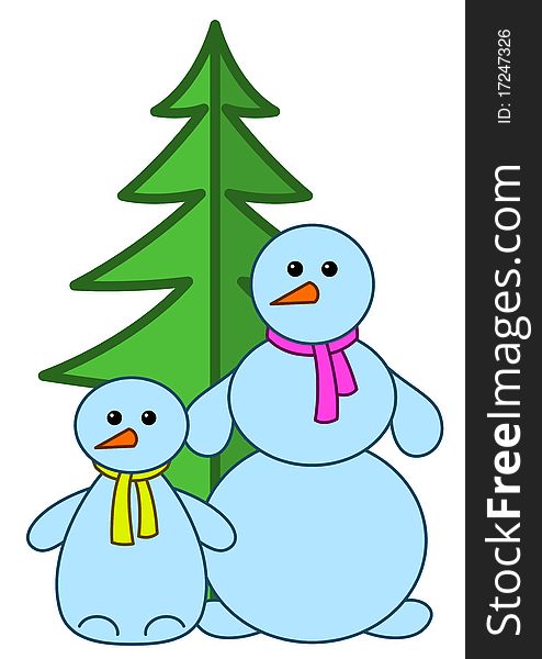 Snowballs family with christmas fir-tree, sign pictogram, isolated. Snowballs family with christmas fir-tree, sign pictogram, isolated