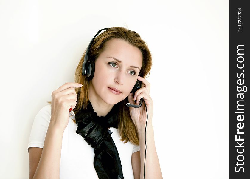 Woman with headset on the white background