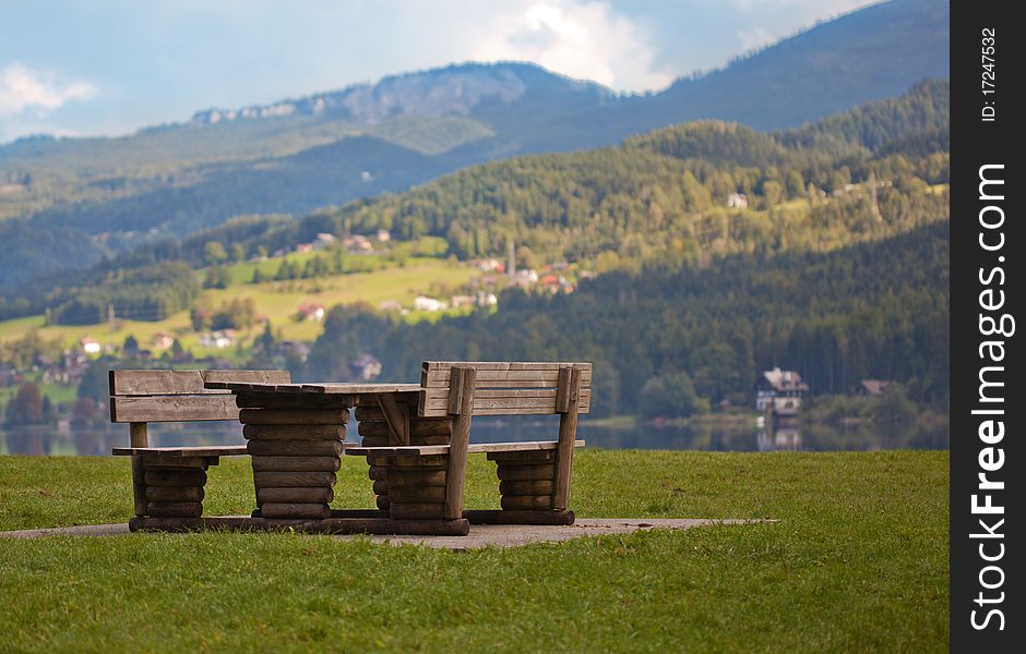 Picnic table in Hallstatt near the lake