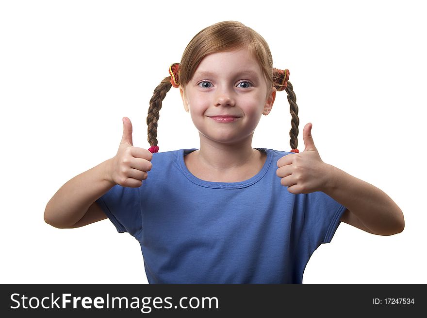 Funny smiling little girl portrait isolated over white background (little thumbs up). Funny smiling little girl portrait isolated over white background (little thumbs up)