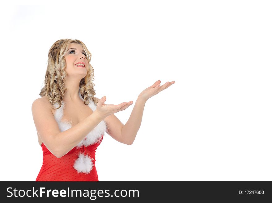 Beautiful santa clause woman in party red christmas clothes screaming . isolated on white background. Beautiful santa clause woman in party red christmas clothes screaming . isolated on white background