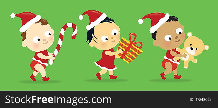 Cute babies of different nationalities carrying presents. Cute babies of different nationalities carrying presents