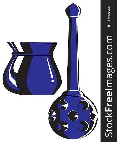 Ceramic decanter and cup in black-dark blue tones. Old style. Ceramic decanter and cup in black-dark blue tones. Old style.