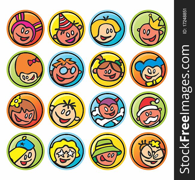 Round buttons with faces of children on a white background