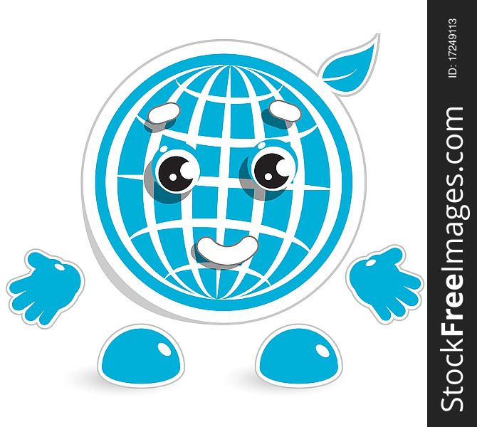 Abstract illustration, person with smile on blue globe. Abstract illustration, person with smile on blue globe