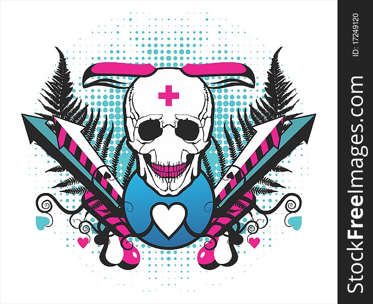 Symmetrical composition with a skull and arrows on a white background