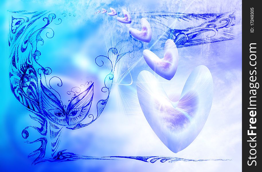 Soft blue celestial background with hearts. Much place is for your inscriptions. Soft blue celestial background with hearts. Much place is for your inscriptions