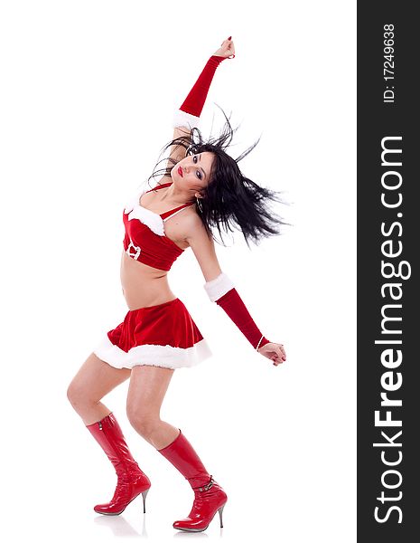 Girl dressed as Santa with fluttering hair on a white background