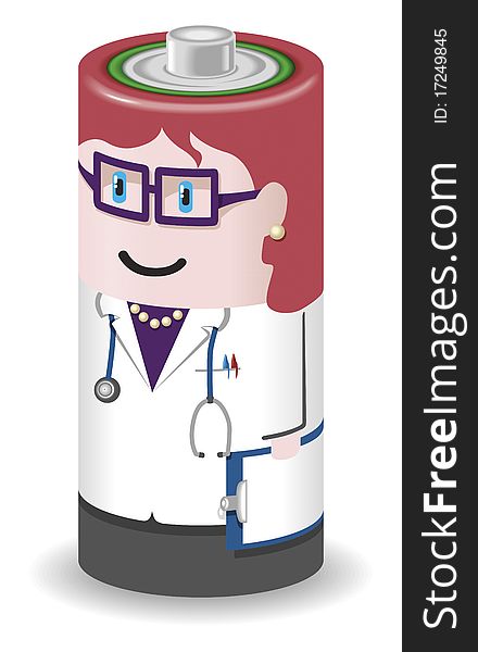 Battery AA size depicted as a doctor woman, represents people energy moving the healthcare. Battery AA size depicted as a doctor woman, represents people energy moving the healthcare