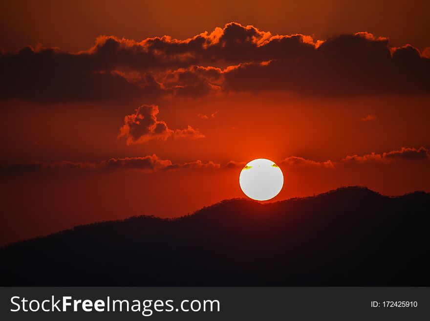 Red sunset in the mountains of Myanmar