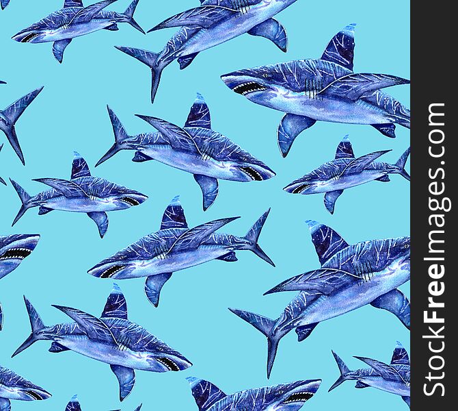 Sea animals watercolor seamless pattern. the attacking great white shark