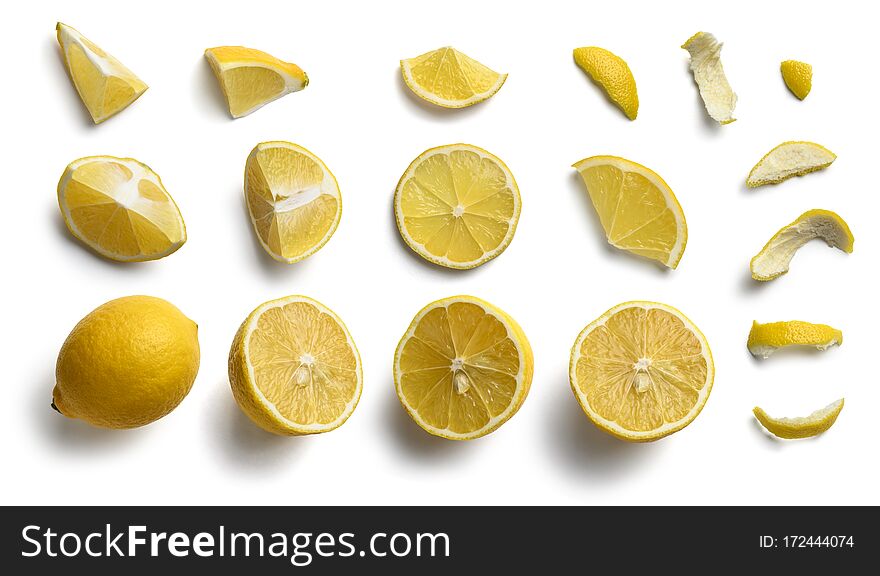 Set Of Lemon Slices On A White Background. The View From The Top