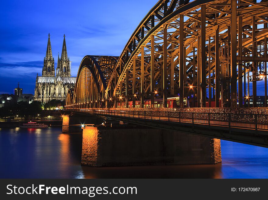 Evening view of Cologne or Koln with bridge