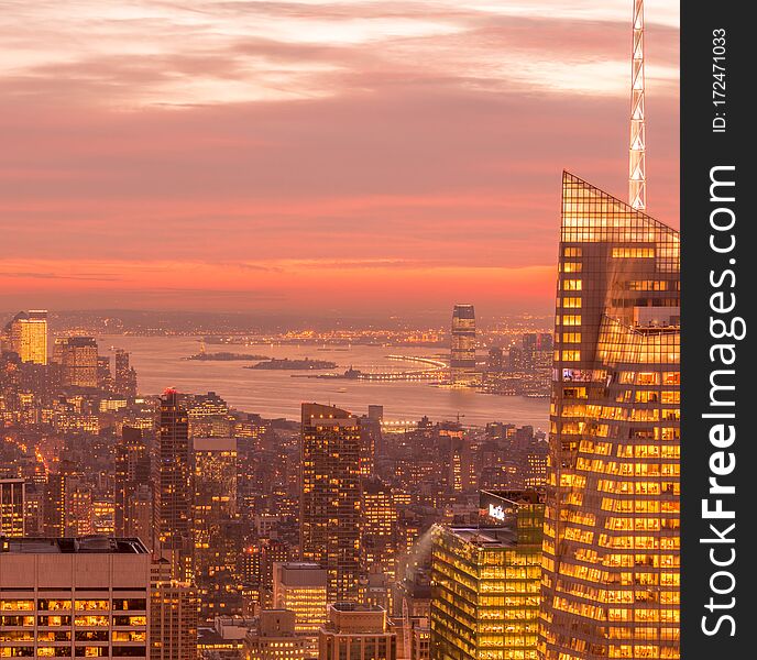 The view of new york manhattan during sunset hours