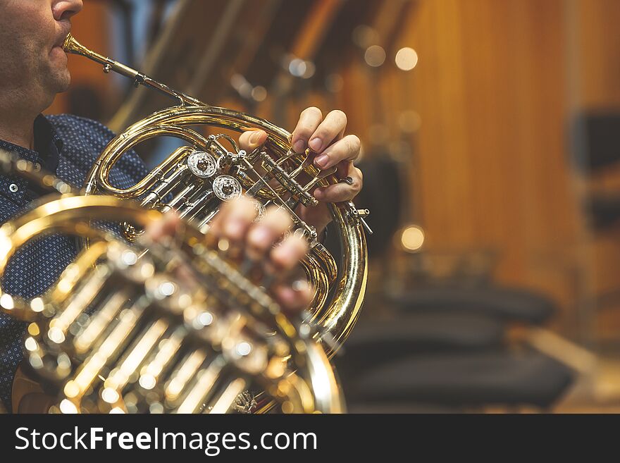 Man Playing On French Horn During Philharmonic Concert, Art, Concert