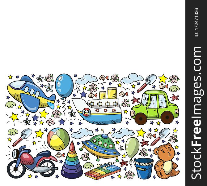 Vector pattern with toys for little kindergarten children. Dinosaur, teddy bear, rocket, ship, airplane, balloon, car