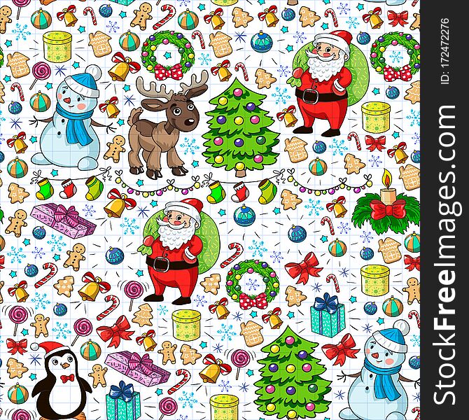 Merry Christmas and happy new year. Santa Claus, deer, snowman, penguin. Vector pattern.