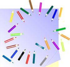 Many Colored Pencils And Paper Note Stock Photo