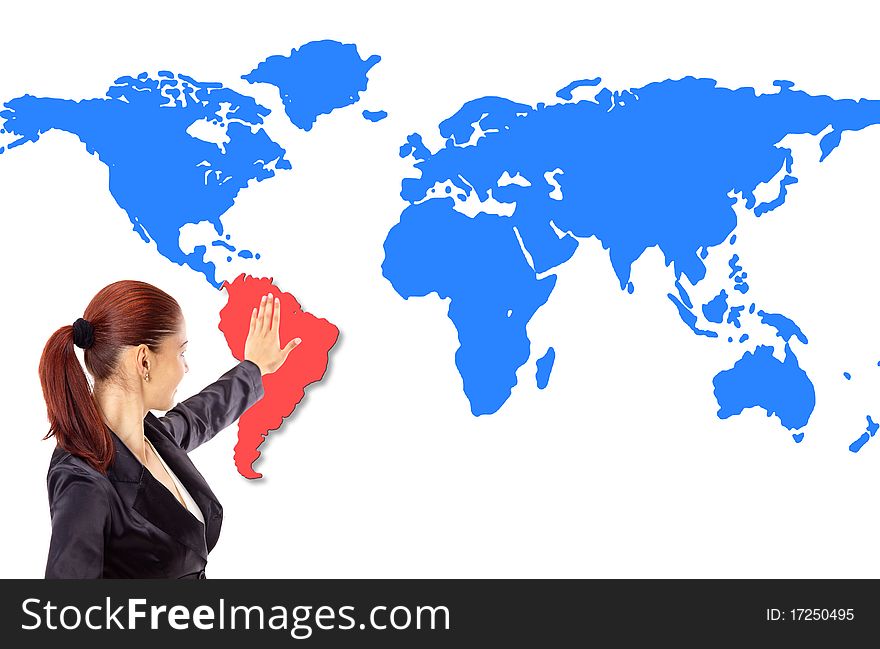 Happy young woman pointing on map