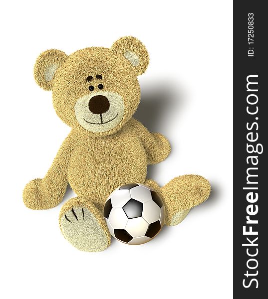 A cute teddy bear sits down on the floor and looks up into the camera. A soccer ball is in front of him between the legs. Isolated on withe background with soft shadows. A cute teddy bear sits down on the floor and looks up into the camera. A soccer ball is in front of him between the legs. Isolated on withe background with soft shadows.