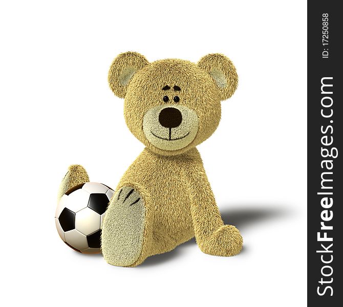 A cute teddy bear is sitting on the floor, supporting himself with both hands. He looks towards the camera and smiles. In front of him, between his legs there is a soccer ball. The image is isolated on white background with soft shadows. A cute teddy bear is sitting on the floor, supporting himself with both hands. He looks towards the camera and smiles. In front of him, between his legs there is a soccer ball. The image is isolated on white background with soft shadows.