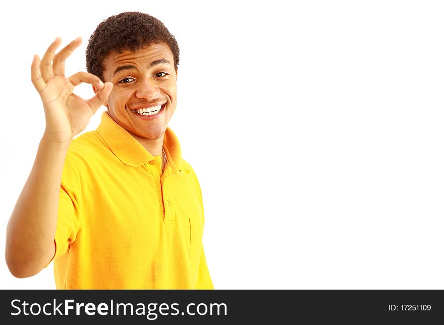 Young guy showing the okay sign over white background