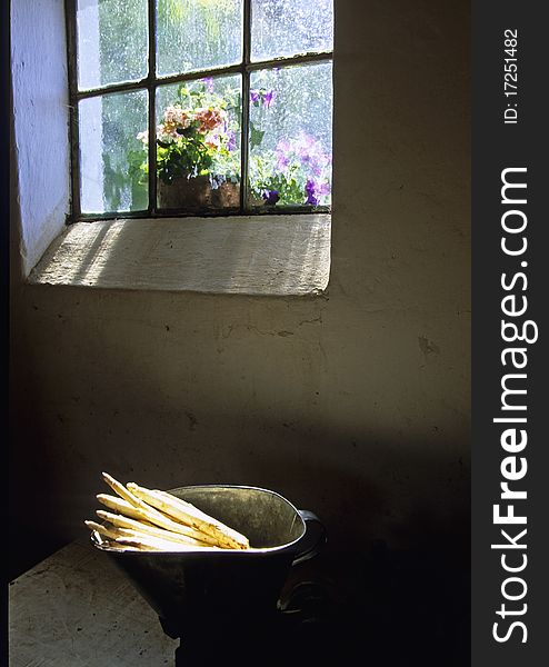 Bunch of asparagus in tin Basket under a window.