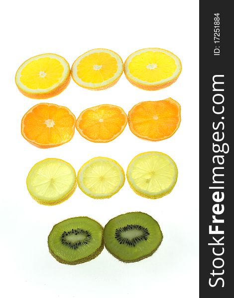 Rows of ripe fruits on white background. Rows of ripe fruits on white background