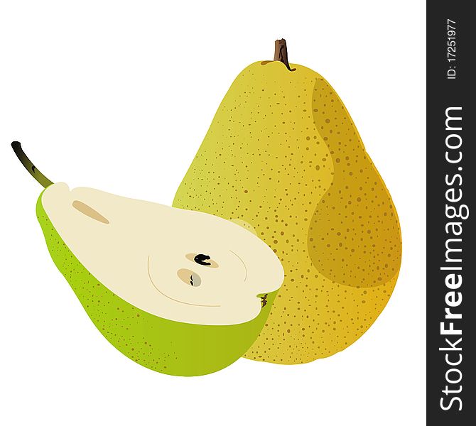 This image represents a pear fruit isolated on a white background and a half of a pear