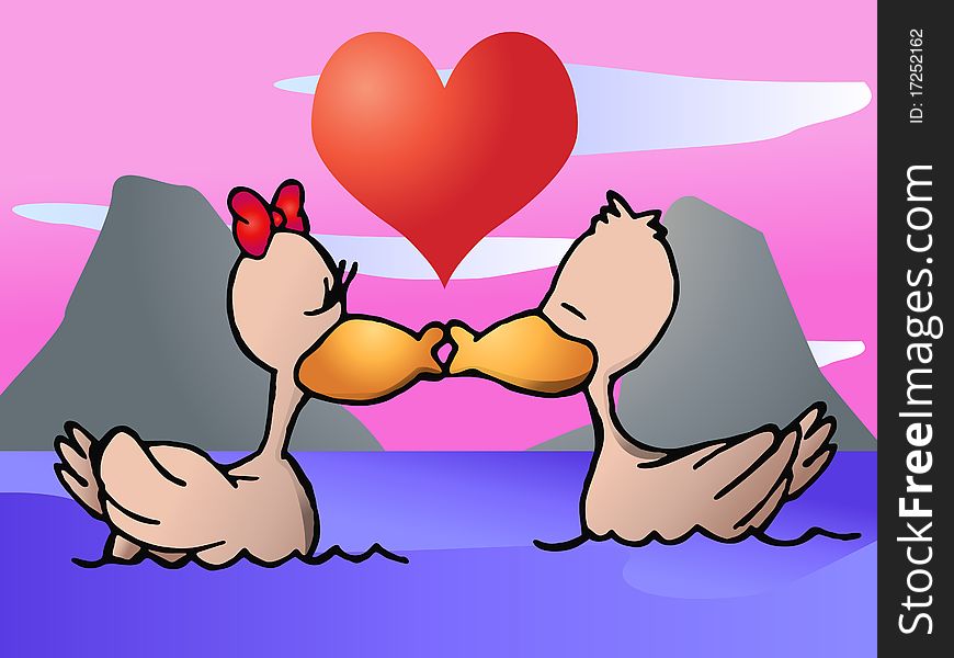 An illustration of a couple cartoon duck kissing on lake background