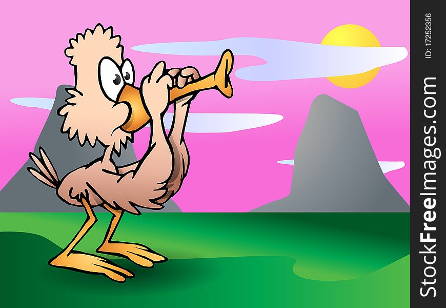 Illustration of a cute cartoon duck playing trumpet using it beak on nature background. Illustration of a cute cartoon duck playing trumpet using it beak on nature background