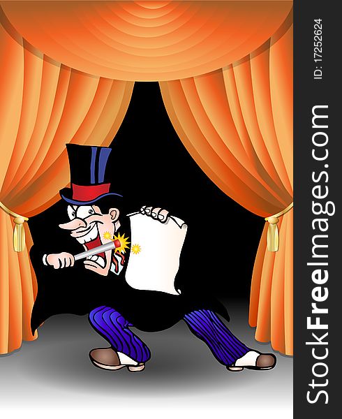 Magician wear tuxedo hold blank paper on stage background illustration