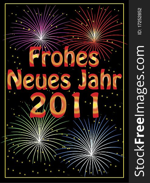 Frohes Neues Jahr 2011 greeting card with colorful fireworks and stars.