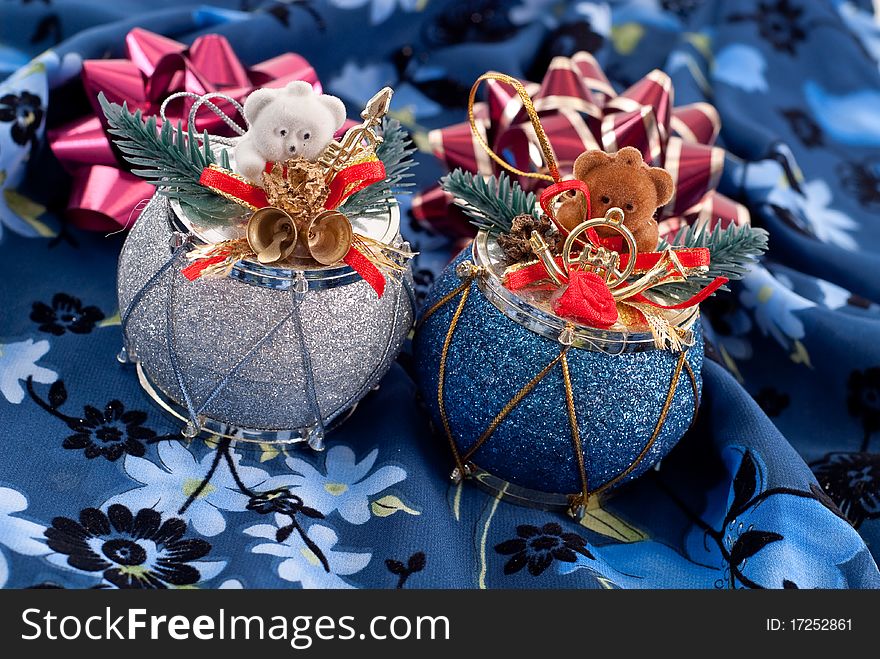 Christmas Fun Drum Ornaments On Blue Cloth