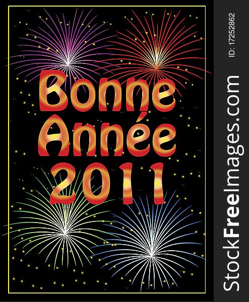 Bonne Année 2011 greeting card with colorful fireworks and stars.