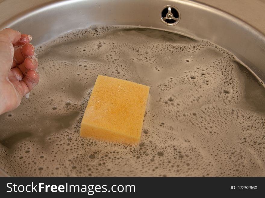 Sponge floating in cleansing water
