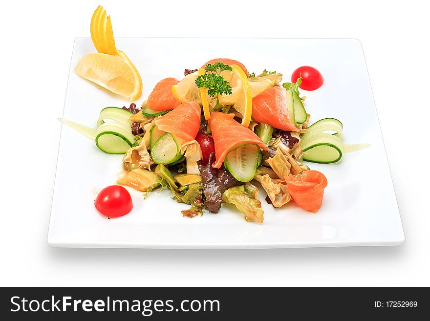 Seafood with vegetables and herbs on a ceramic platter. Seafood with vegetables and herbs on a ceramic platter