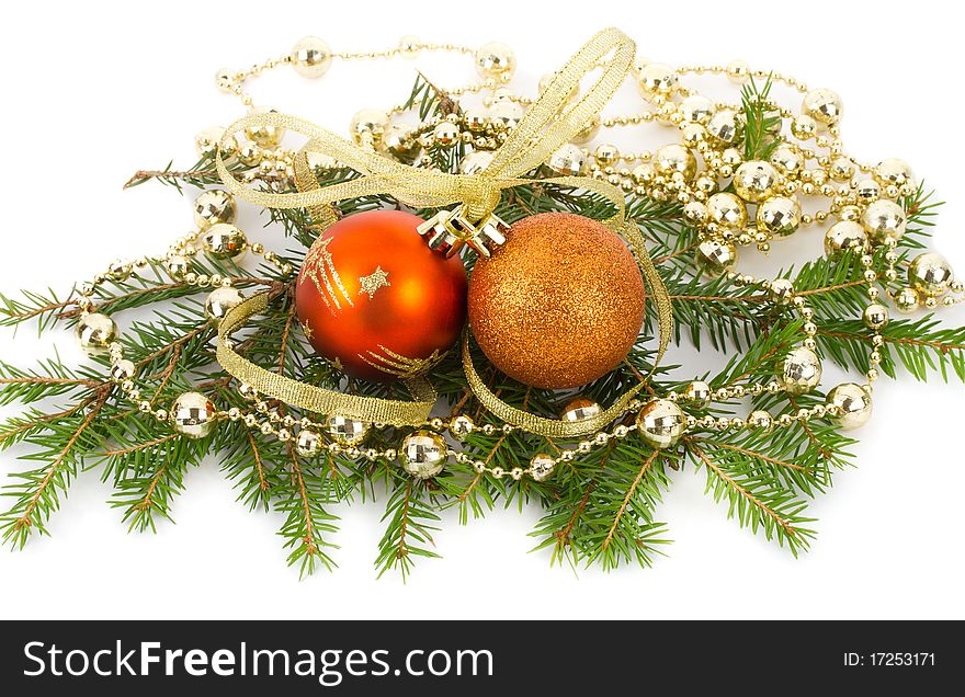 Christmas decorations on fir branches, isolated on white