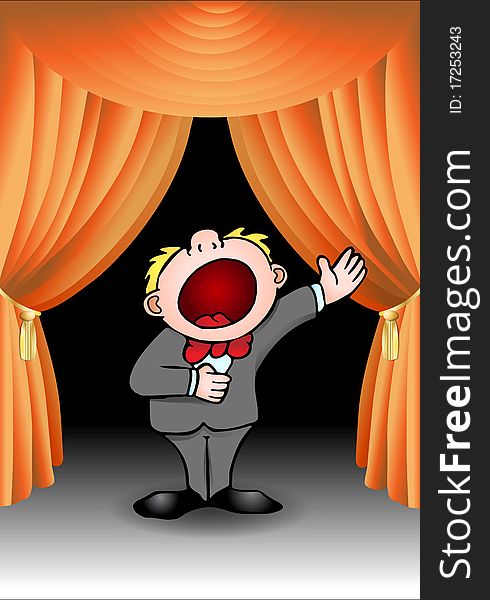 Illustration of a boy singing a song on musical theater stage. Illustration of a boy singing a song on musical theater stage