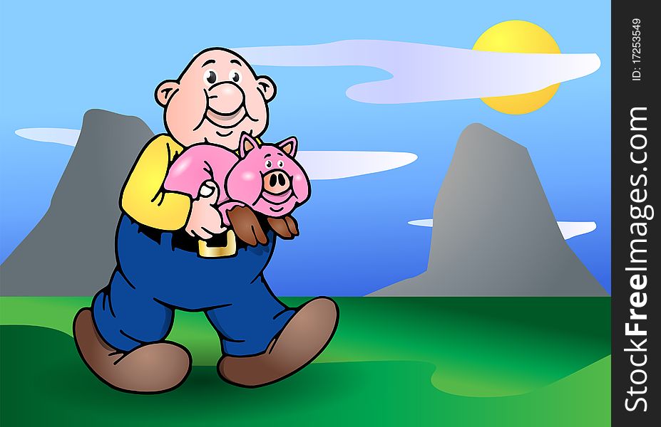 Bald man and his big pink pig