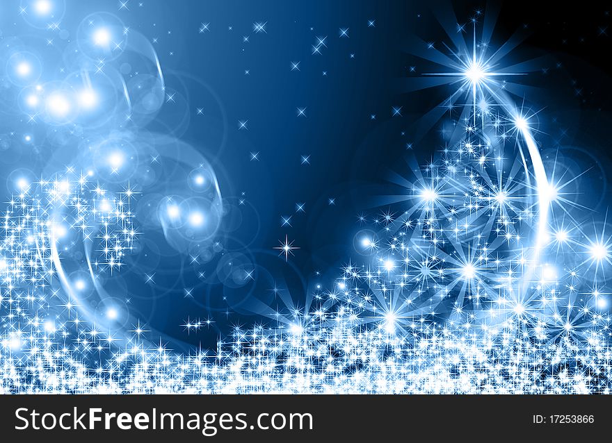 Christmas tree with bright rays and stars on a black background. Christmas tree with bright rays and stars on a black background