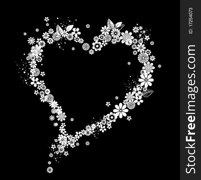 Illustration of heart from flower shapes on the black background. Good for Valentine Cards. Illustration of heart from flower shapes on the black background. Good for Valentine Cards.