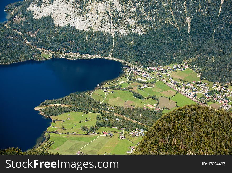 Bird-eye view at Alpine village in the valley  from Dachstein