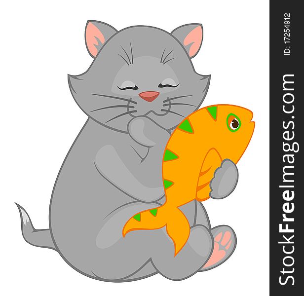 Cartoon Little Kitten With Fish