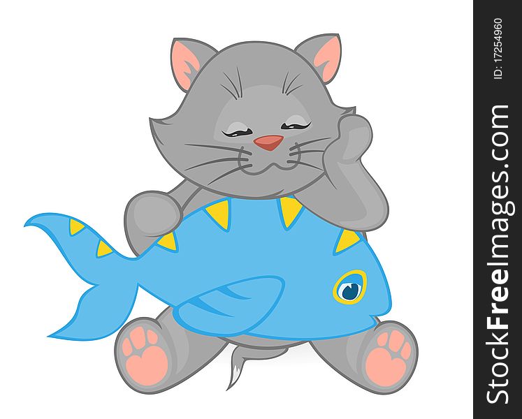 cartoon little kitten with fish.illustration for a design