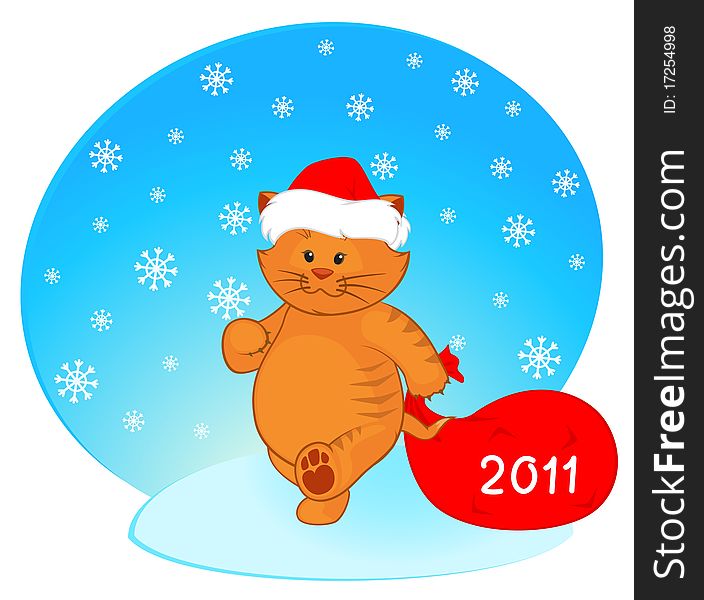 cartoon little kitten in the suit of Santa Claus with gift