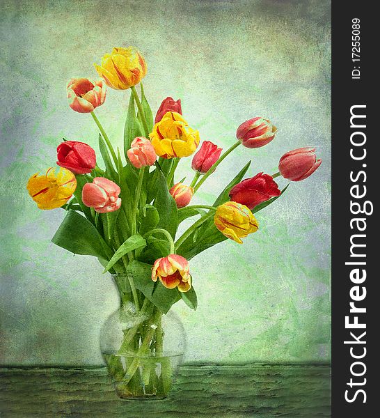 Artistic montage of tulips on a green background with grunge overlay. Ready-to-go art. Artistic montage of tulips on a green background with grunge overlay. Ready-to-go art