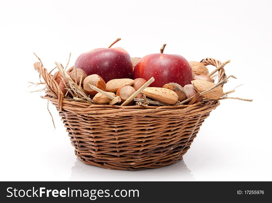 Nuts and apples in a basket