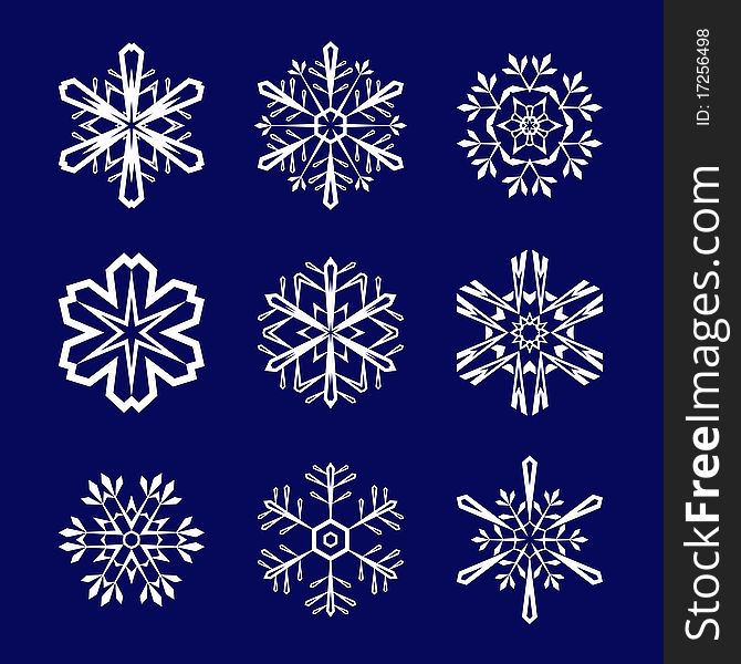 Set of white snowflakes on blue background. Set of white snowflakes on blue background