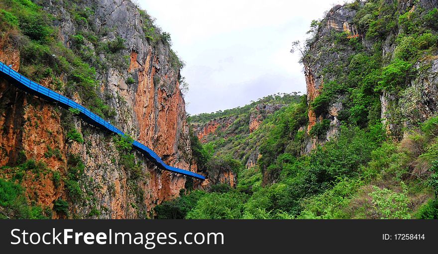 Scenery Yunnan China ,Mountains and Suspension bridge